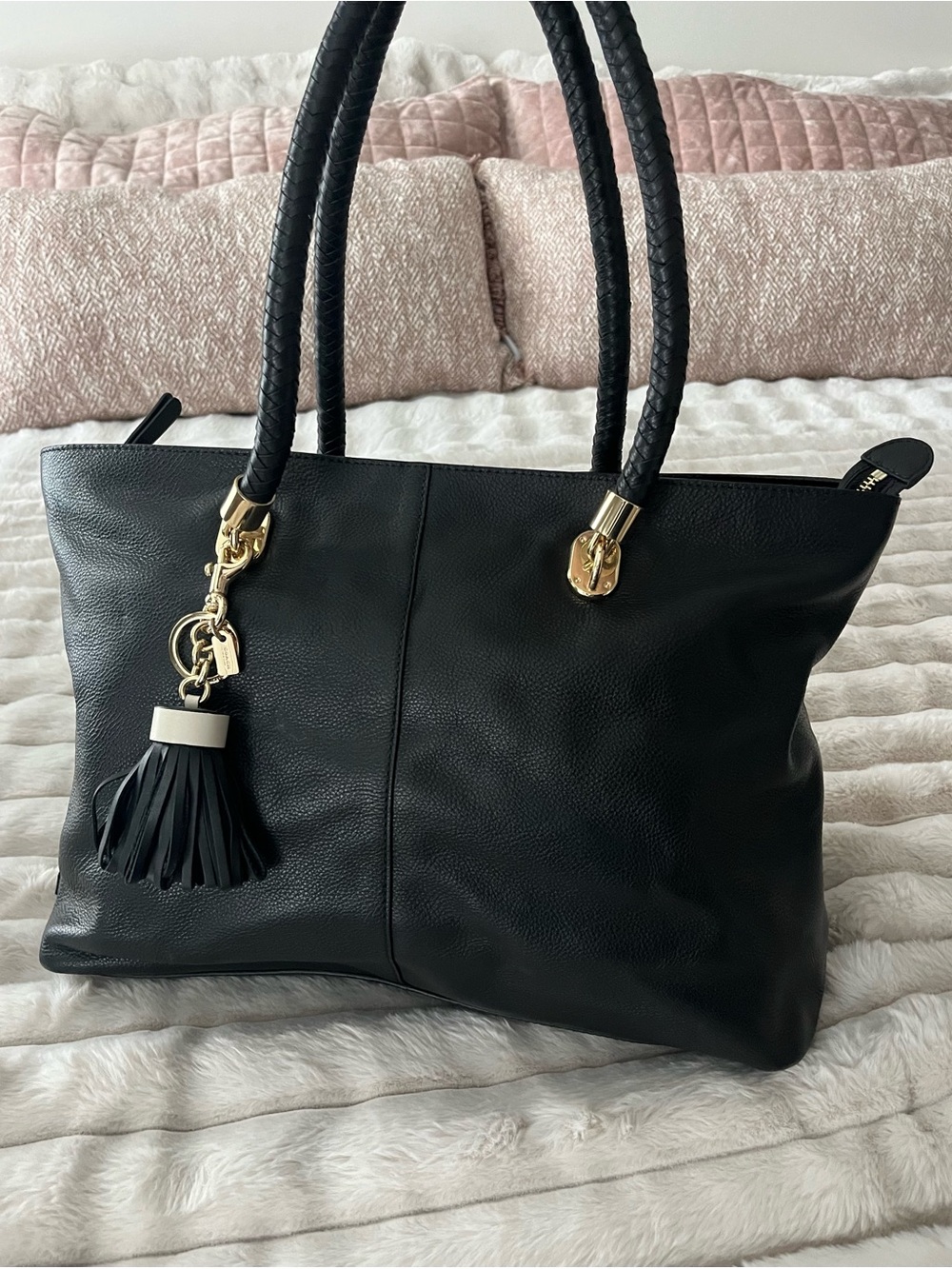 Cole Haan Black Leather Tote with Tassel Charm and Gold Hardware